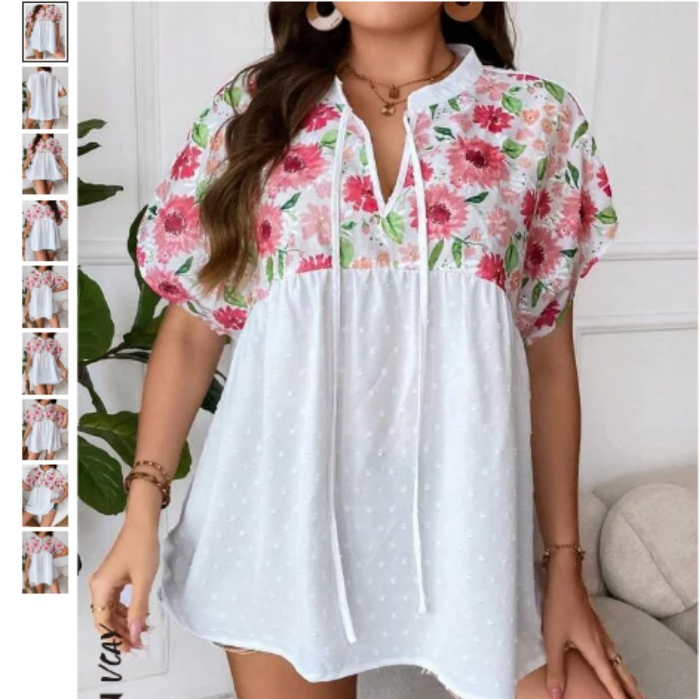 NWOT SHEIN VCAY Plus Floral Print Batwing Sleeve Tie Neck Blouse